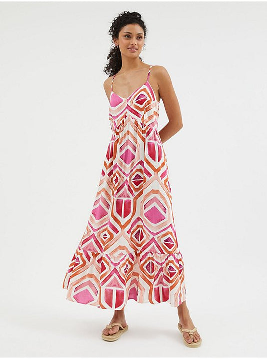 Abstract Printed Flounce Cotton Fit & Flare Midi Dress