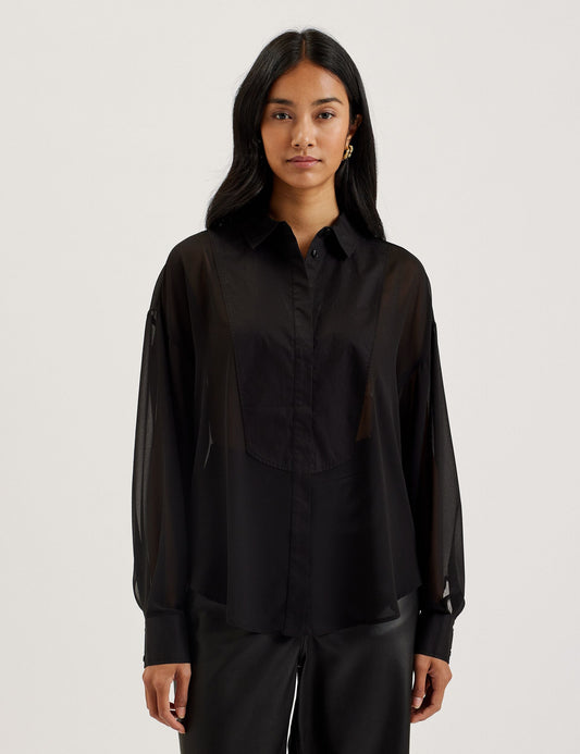 Bib Front Sheer Long Sleeve Blouse