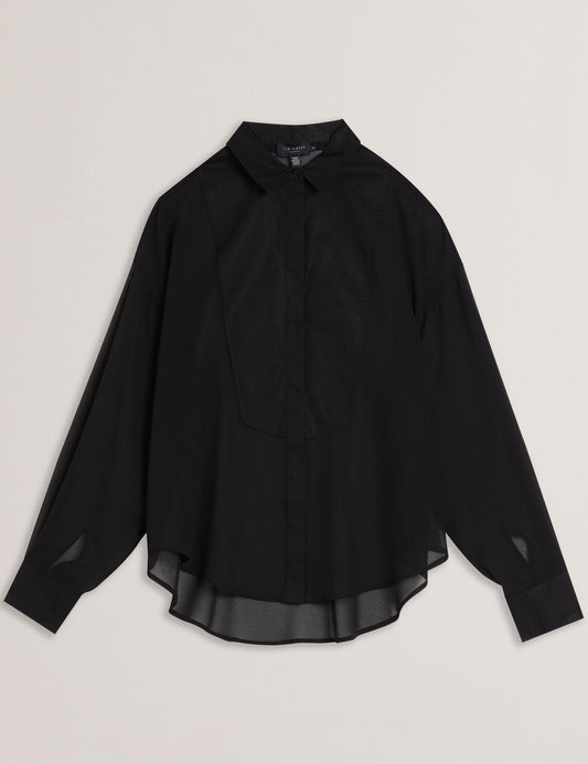 Bib Front Sheer Long Sleeve Blouse