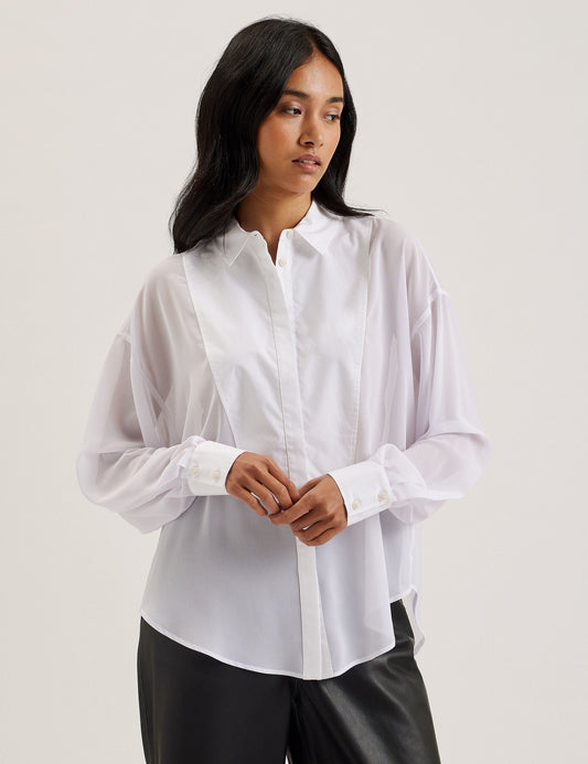 Bib Front Sheer Long Sleeve Blouse