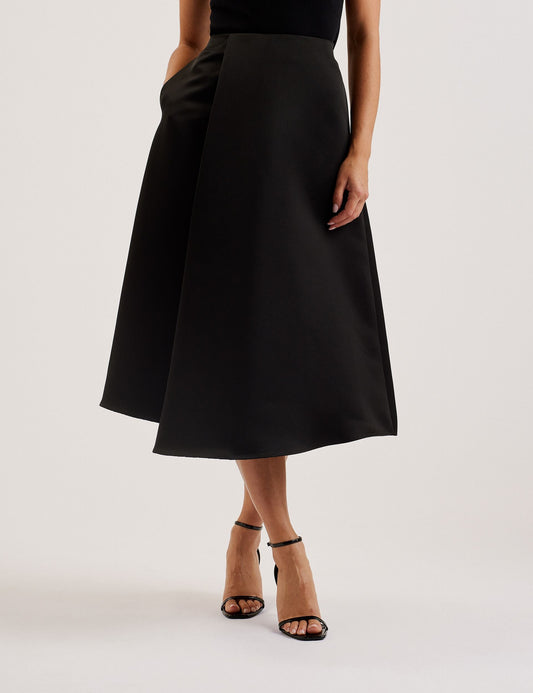 Asymmetric Satin Wrap Midi Skirt